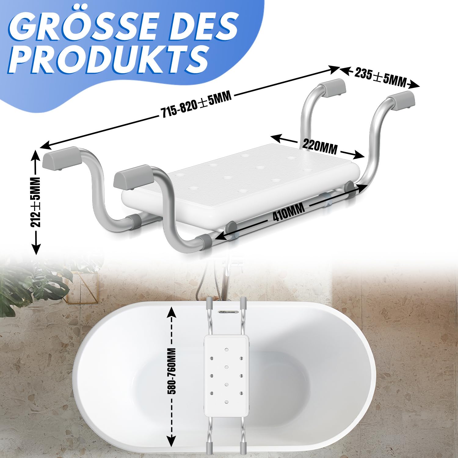 Badewannensitz für Senioren, Ausziehbarer Badewannenbrett mit 136kg Tragkraft, rutschfest Badesitz für Badewanne, Einfach Montage ohne Bohren, Ideal für Behinderte Pflegebedürftige