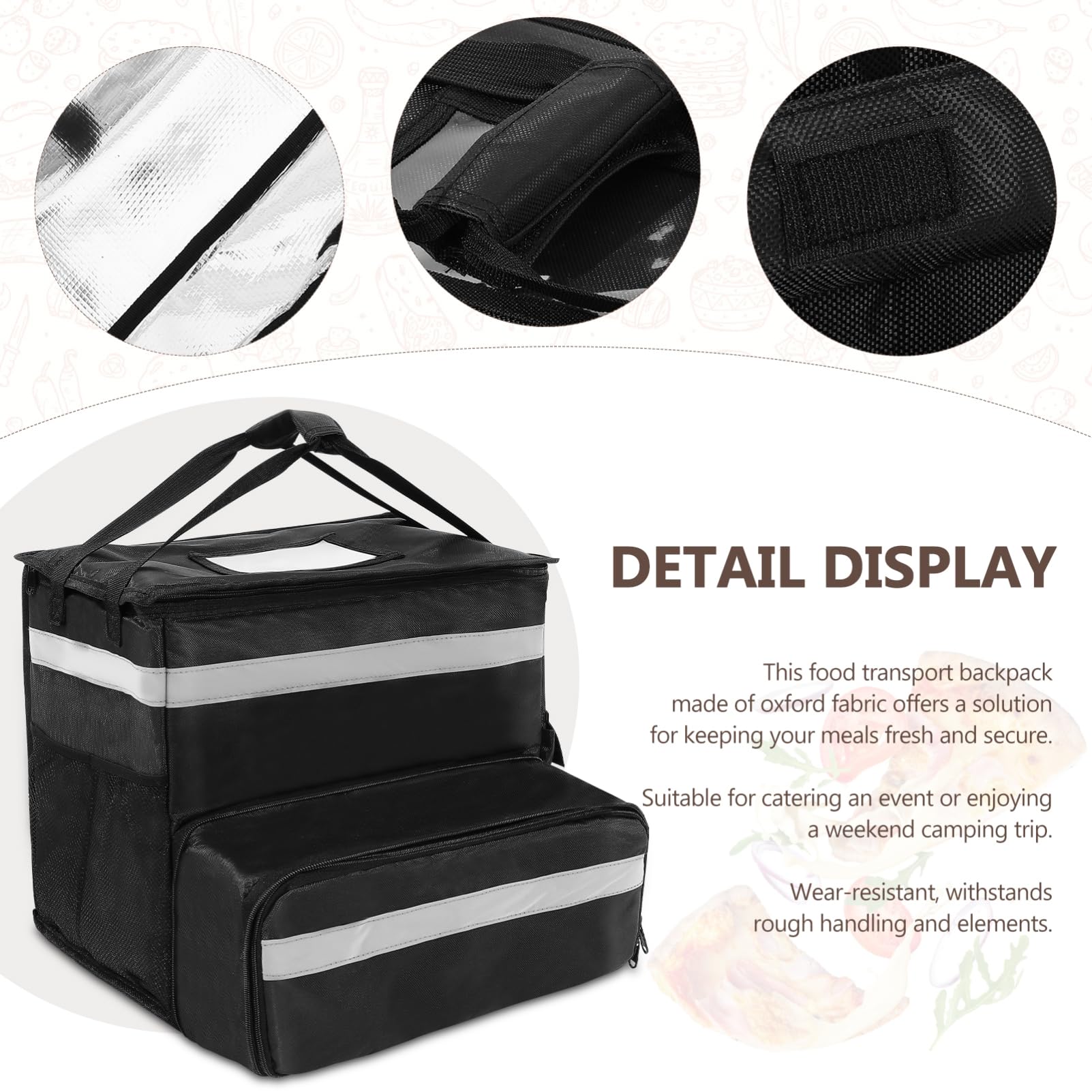 OUNONA Mochila Térmica de Viaje Negra de Oxford para Pizza | Capacidad Grande, Bolsillo Frontal Ampliable, Tiras Reflectantes, Interior Espacioso para Reparto y Camping