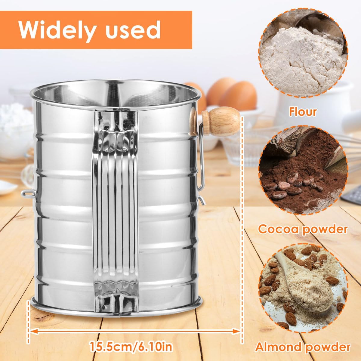 3 Cup Flour Sifter, Stainless Steel Fine Mesh with Hand Crank