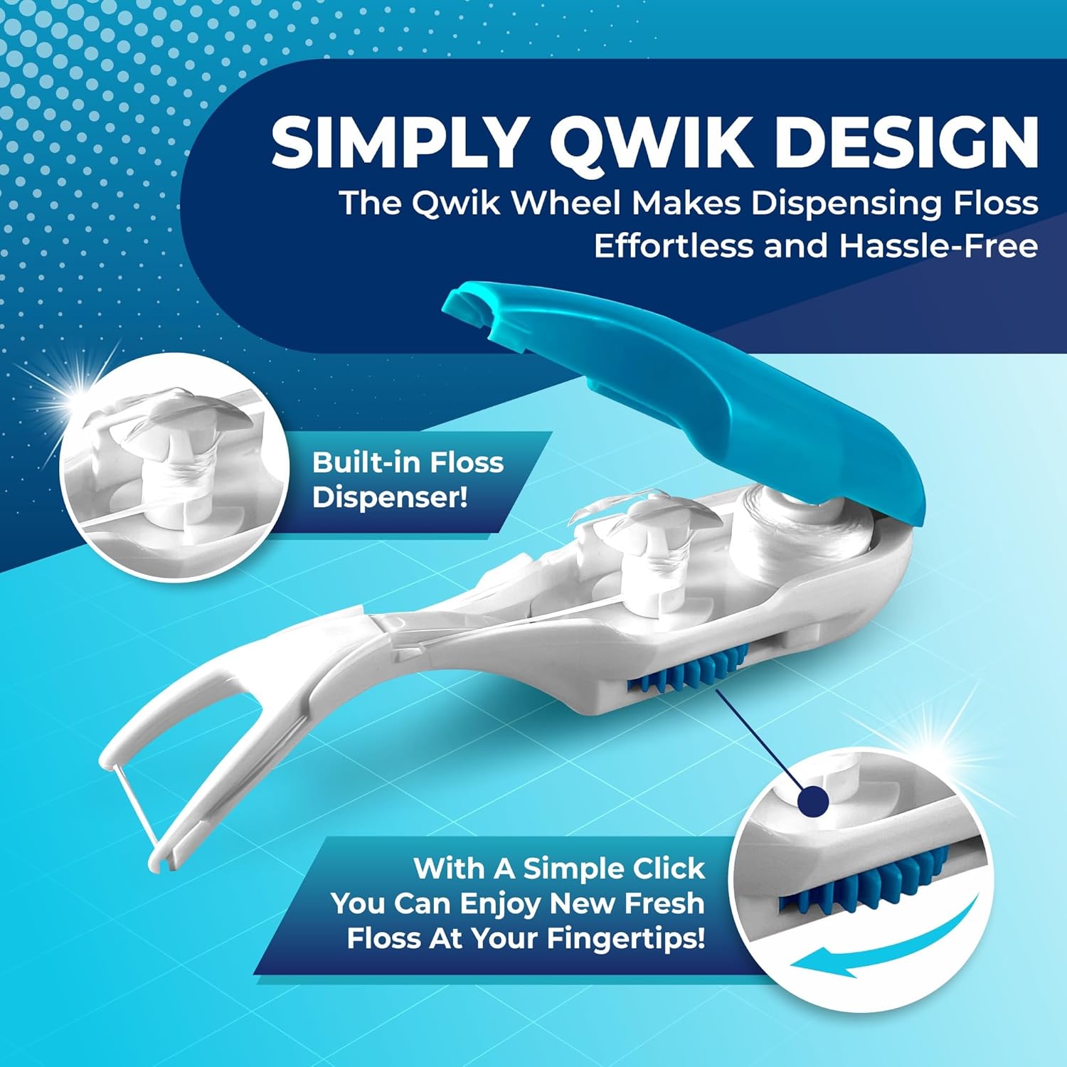 QWIK Dental Flosser | Click-to-Use, Reusable & Refillable | Pre-Loaded Floss with Travel Cover | Easy Flossing for Plaque Removal, Clean Teeth & Fresh Breath (Light Blue) - Image 3