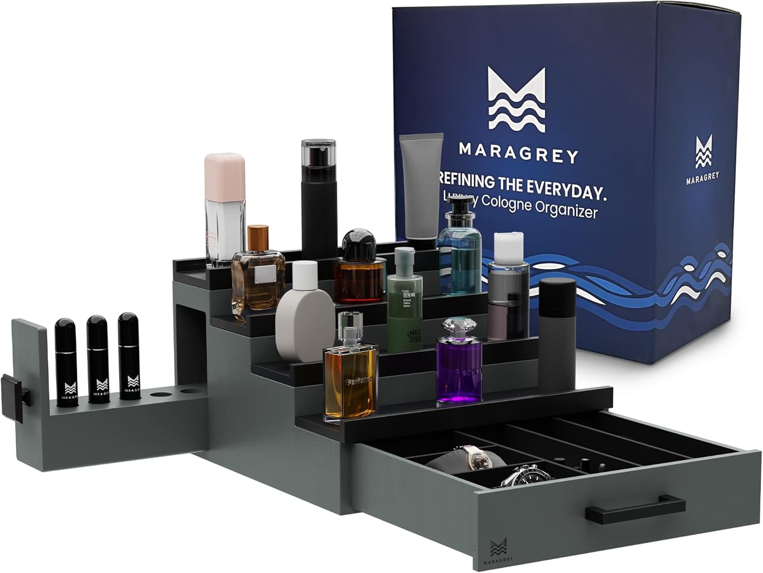 MARAGREY Cologne Organizer for Men and Women – Perfume Holder with 2 Drawers, Men’s Jewelry Box, Travel Bottle Tray – 4-Tier Modern Grey & Black Perfume Stand Organizer for Dresser or Countertop