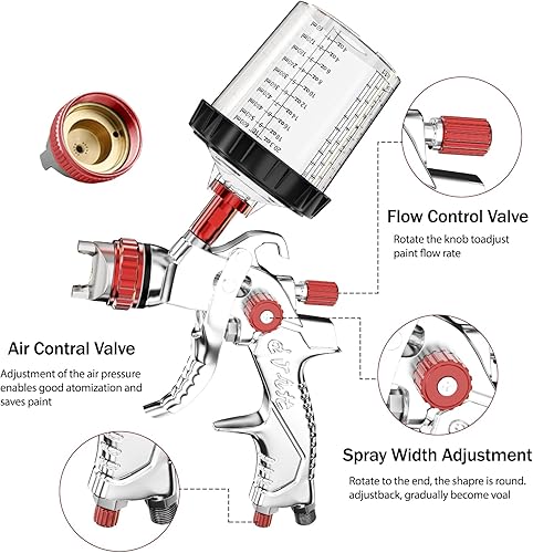 Miniatura 6 de GATTLELIC HVLP Spray Gun with Air Compressor Regulator 10pcs 600cc Mixing Cup and Lids, Air Spray Paint Gun with 1.41.72mm Nozzles, Automotive Paint
