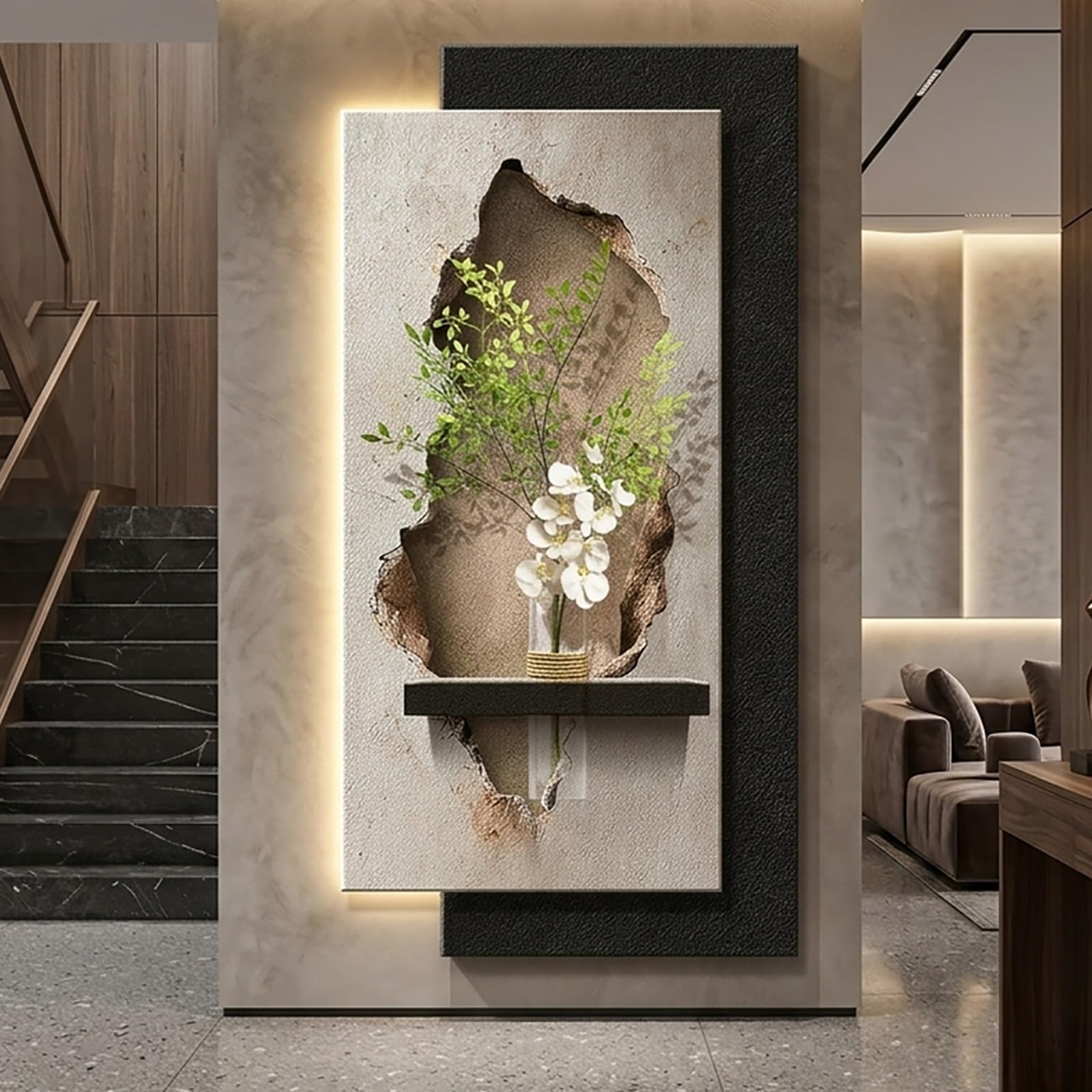 YHTCSXMD Modern Sandstone Wall Art with LED Lights, 3D Textured Wall Sculpture with Vase and Faux Greenery, Plug-in Power Supply for Living Room, Bedroom(60x120cm/23.6x47.2in,C)