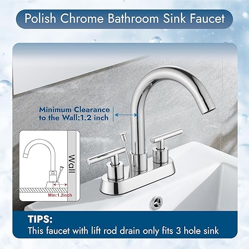 Miniatura 8 de Grifo central de lavabo de baño de 4 pulgadas, 3 agujeros, 2 asas, grifos de baño con varilla de elevación, tapón de drenaje, grifo de tocador,