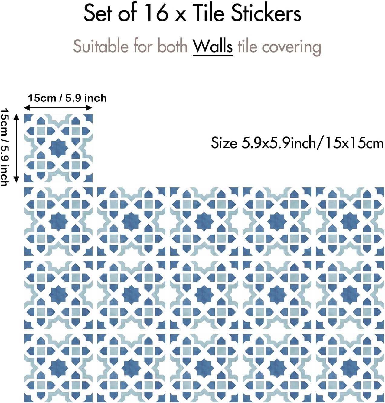16 Pack, 5.9 Inch Modern Moroccan Tile Decals, Dusty Blue Geometric Peel and Stick Vinyl for Backsplash, Stairs & Furniture