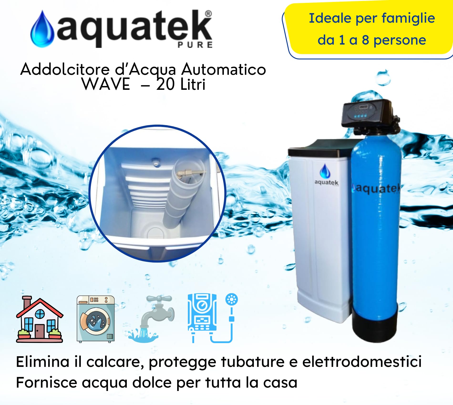 Aquatek - Addolcitore Acqua Pure Wave 20 Litri Sistema Automatico A Volume E Tempo Per Acqua Pulita E Depurata Migliore Soluzione Domestica Per Rimuovere Calcare E Migliorare La Qualità