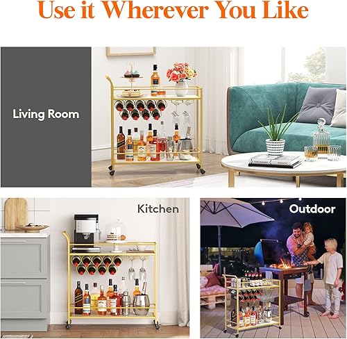 Miniatura 10 de Lifewit Carrito de bar, carrito de servicio de bar en casa, carrito de bebidas de 2 niveles con 9 estantes para botellas de vino, carrito de bebidas