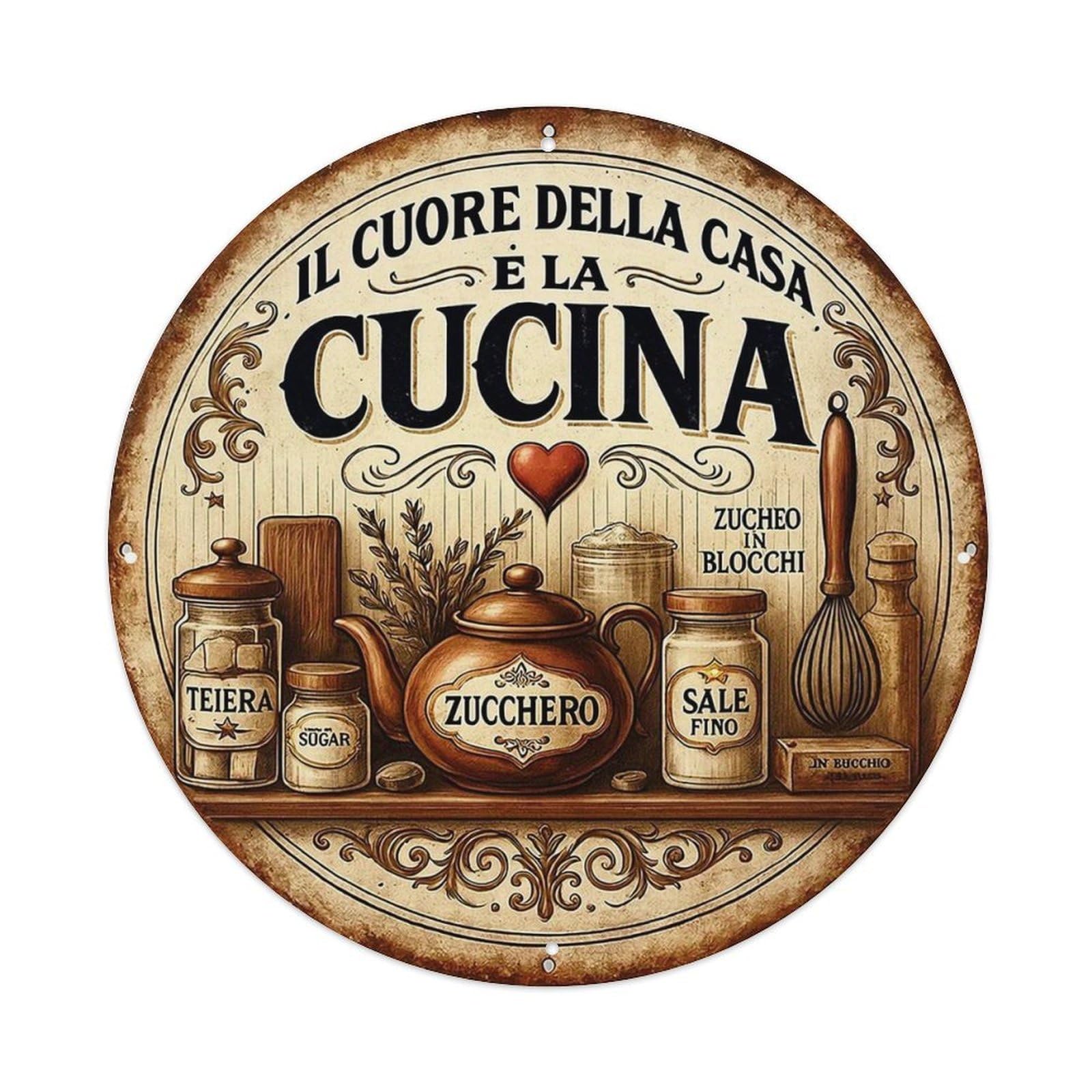 Il Cuore Della Casa Cucina Vintage Round Tin Sign Retro Metal Wall Decor Metal Poster, Home Bar Garage Cafe Wall Art Decoration 8x8Inches
