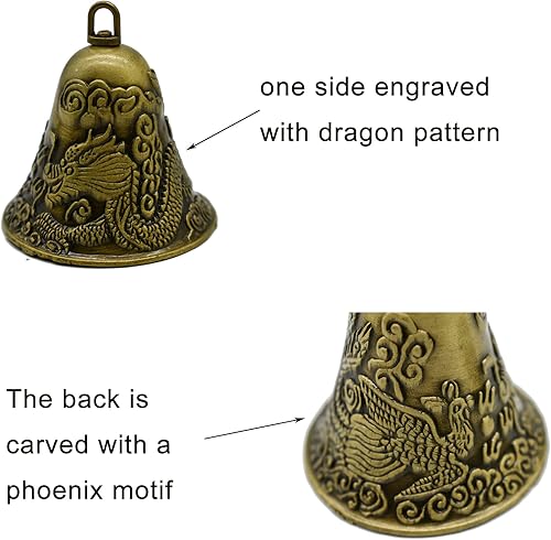 Miniatura 4 de 3 campanas colgantes vintage con diseño de dragón y fénix de bronce tallado Feng Shui Jingle Bell de 2.3 x 2.6 pulgadas, campanilla de viento para
