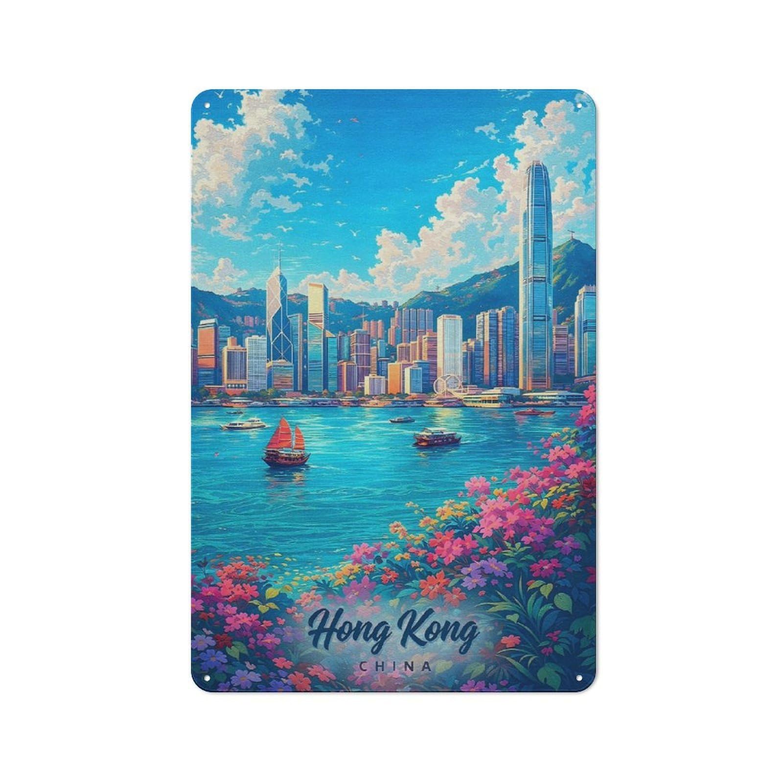 Junmoney Style-20 Classic Hong Kong Skyline With Flowers Metal Wall Plaque 30X20cm, Nostalgic Wall Art For Living Room, Hallway, Kitchen Or Cafe