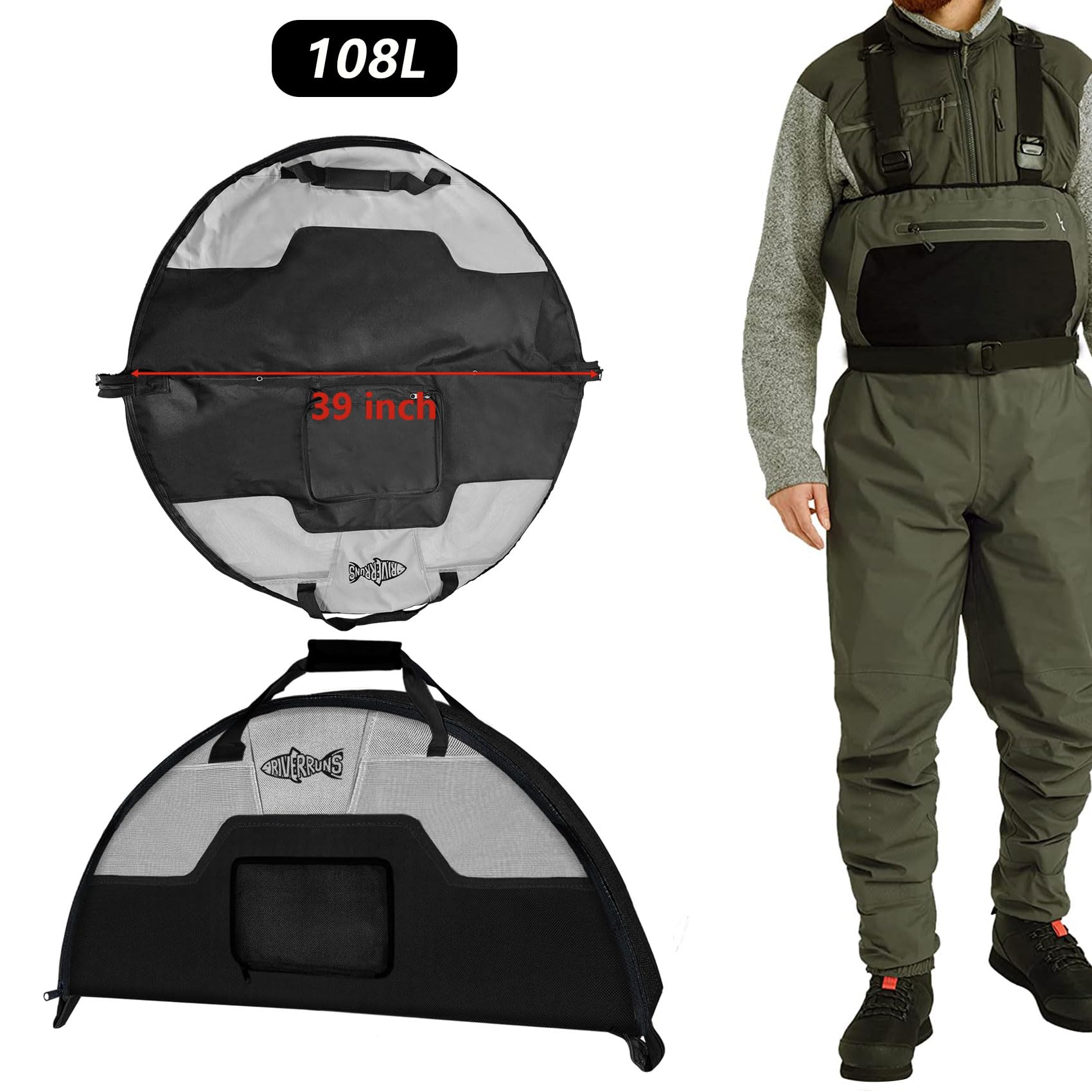 Rivruns Wathose zum Angeln, mit belüftetem Netz, faltbare Watstiefel, Wickelunterlage für Wandern, Camping (Anthrazit-Taupe)