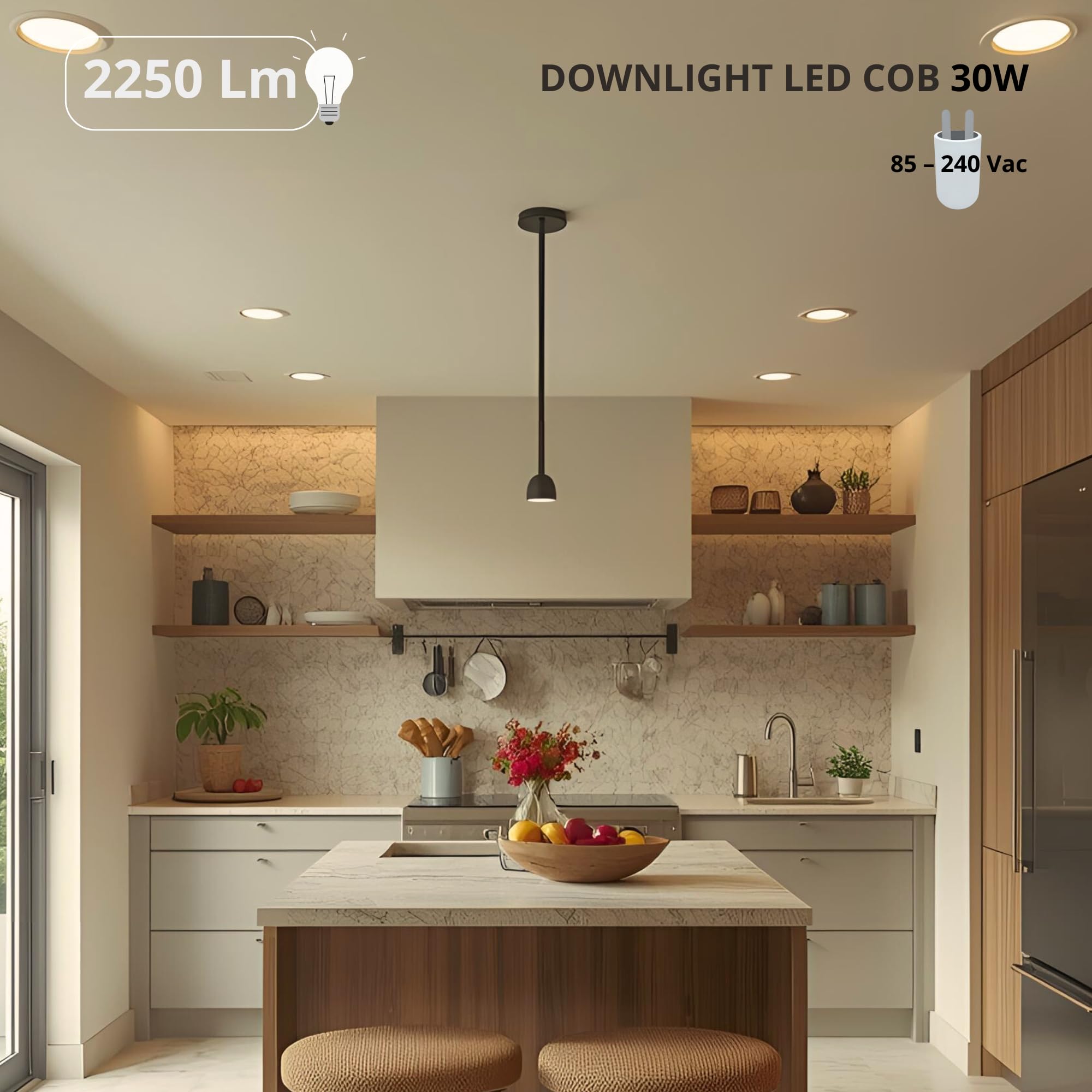 Jandei – Oprawa typu Downlight LED COB o mocy 30 W, reflektor punktowy z białą aluminiową okrągłą ramą, 215 x 55 mm (otwór wpuszczany 190 mm), 2700 lumenów, IP44. Idealny do salonu, kuchni, łazienki