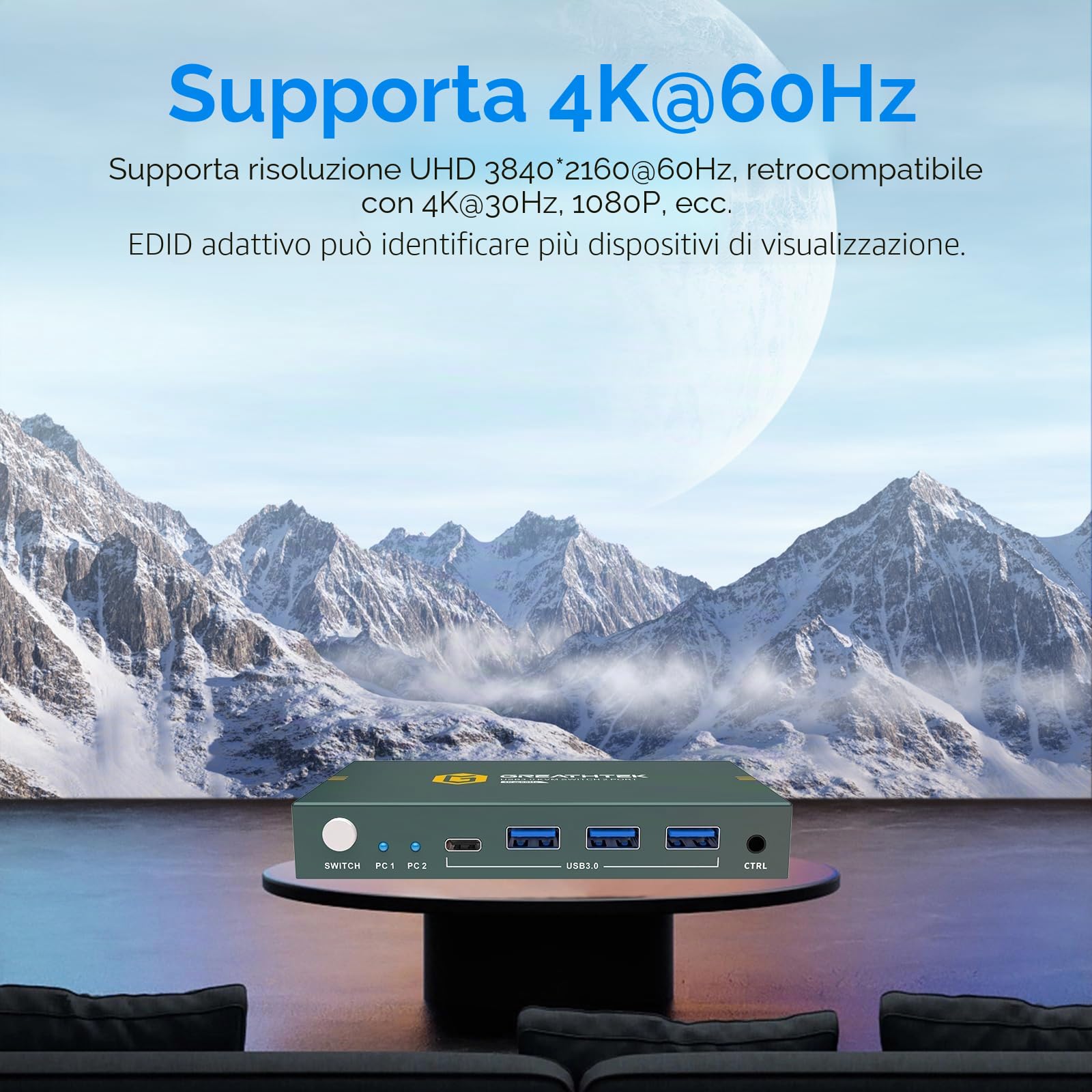 Switch KVM USB 3.0 HDMI 2 PC 1 Monitor 4K @60Hz KVM Switch Switch (3 porte USB 3.0+ USB C) per 2 computer, condividere monitor, tastiera, mouse, adattativo EDID, con controller desktop