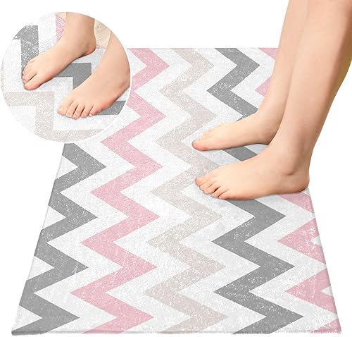 Miniatura 4 de Joisal Alfombras de baño de felpa cheurón color rosa y gris, absorbentes, antideslizantes, con parte trasera de goma, lavables, 39 x 20 pulgadas
