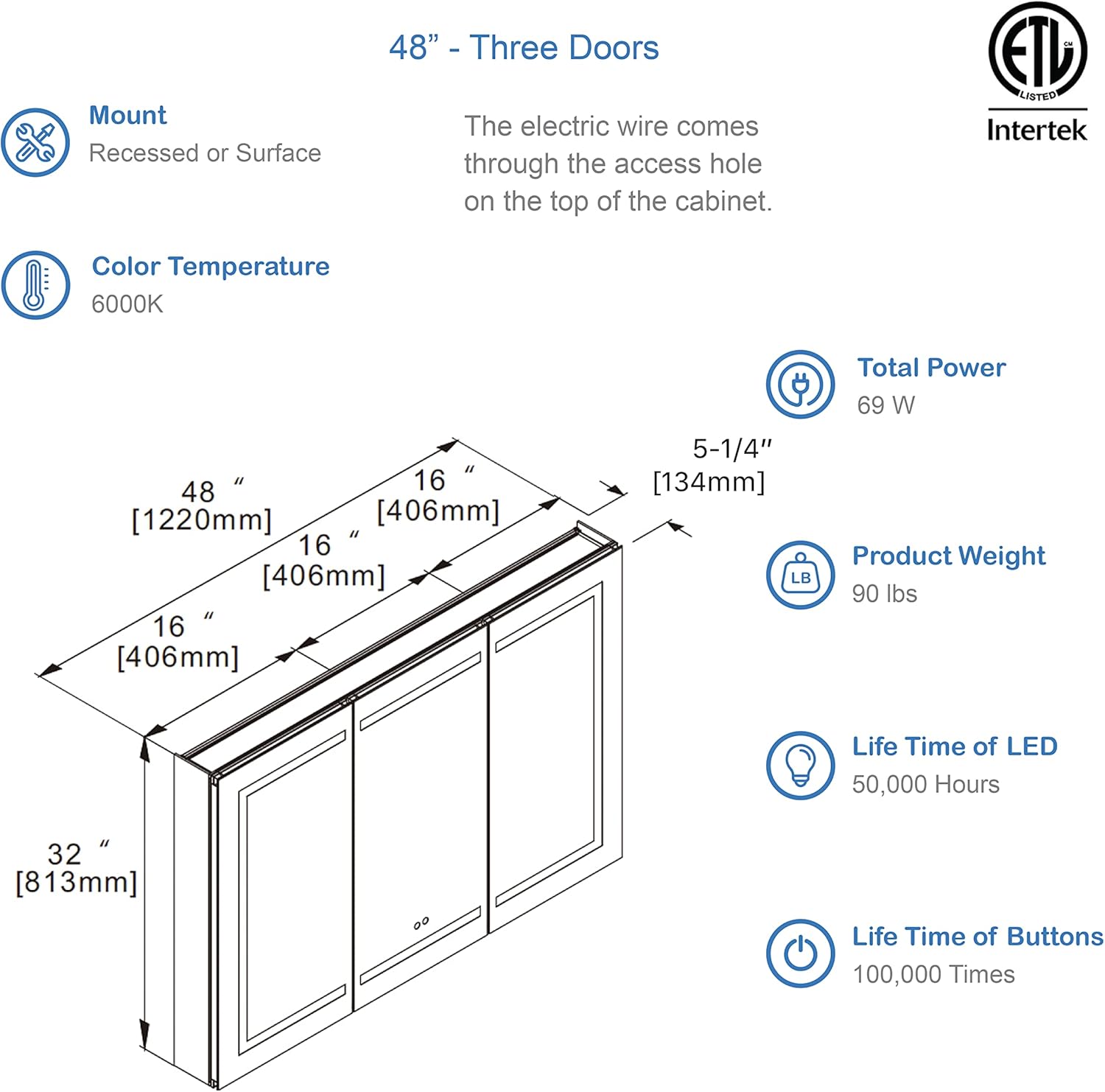 Technical diagram showing dimensions and specifications of the 48-inch medicine cabinet
