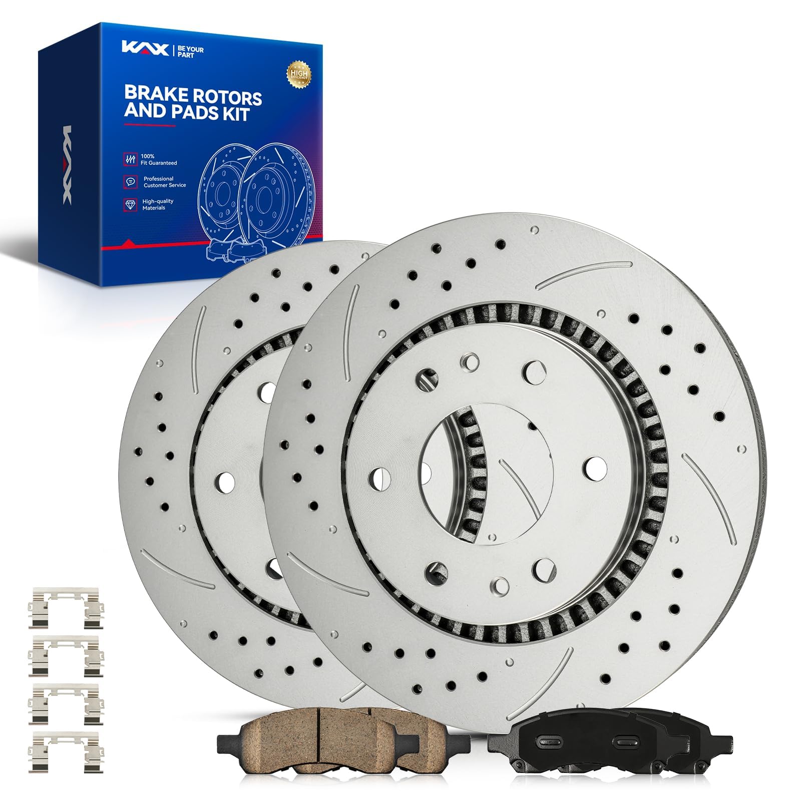 KAX Front Brake Kit, Drilled and Slotted Brake Rotors, Ceramic Brake Pads | Fits Chevrolet Trailblazer 2006-2009, GMC Envoy 2006-2009, Buick Rainier 2006-2007, Isuzu Ascender 2006-2008