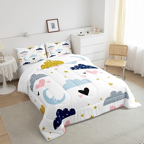 Miniatura 4 de Juego de edredón Kawaii con 2 fundas de almohada, juego de ropa de cama de luna y estrellas, nube, tamaño Queen para niños y niñas, edredón de