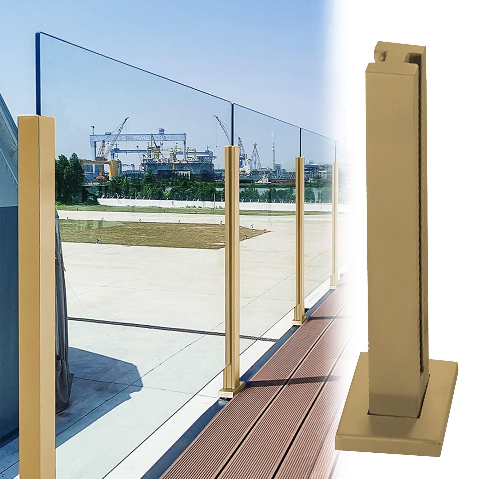 Słupek balustradowy ze złota, na balkon i schody, 85/33 cala, wspornik do 8-12 mm, szkło hartowane, metal/drewno, panele ogrodzeniowe, trwałe i stylowe rozwiązanie do balustrady
