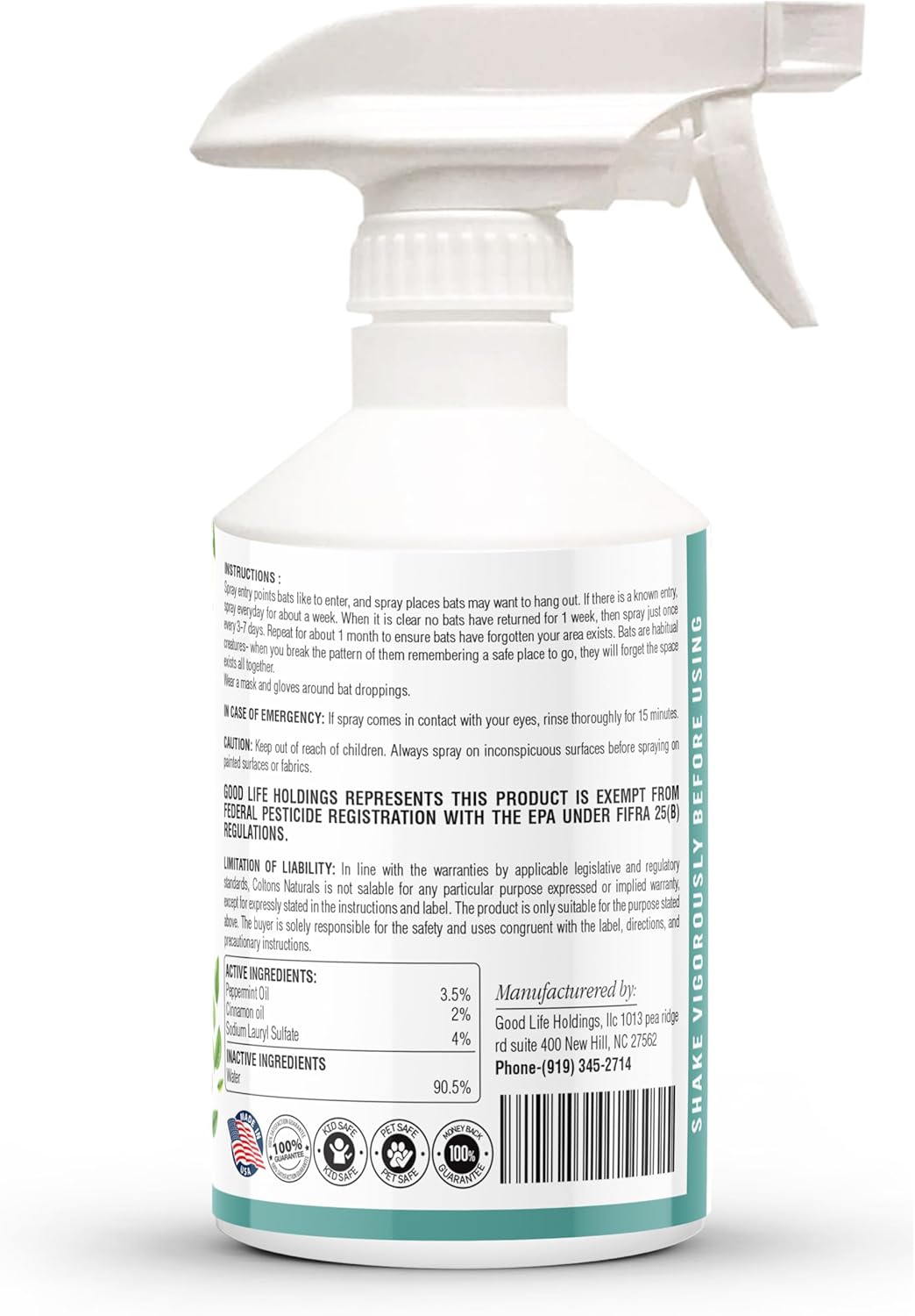 Bat Repellent Spray - Indoor/Outdoor Natural Deterrent, Discourage Invasion/Nesting Attic, Barnes, Homes, Garages (16 oz)