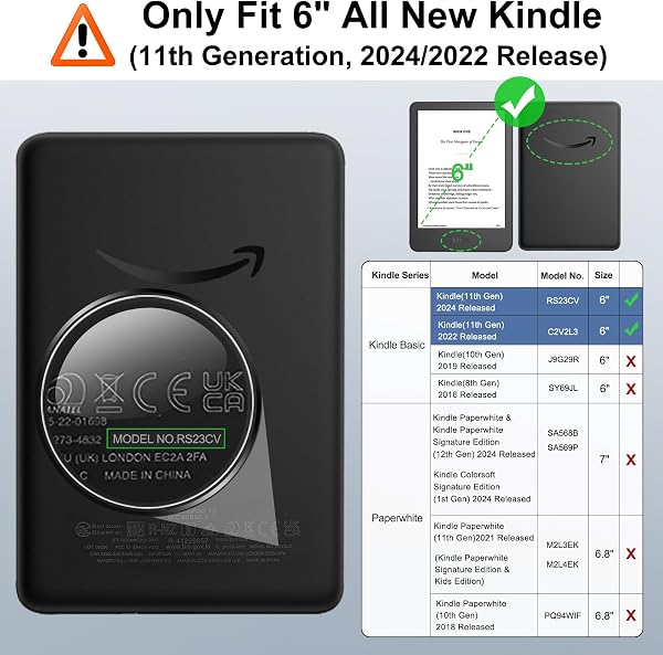MoKo Custodia Girevole a 360° per Kindle da 6" (11a Generazione-2024/2022), Retro Trasparente Cover Protettiva Magnetica Staccabile con Supporto Auto Sueño/Estela, Nero - 2