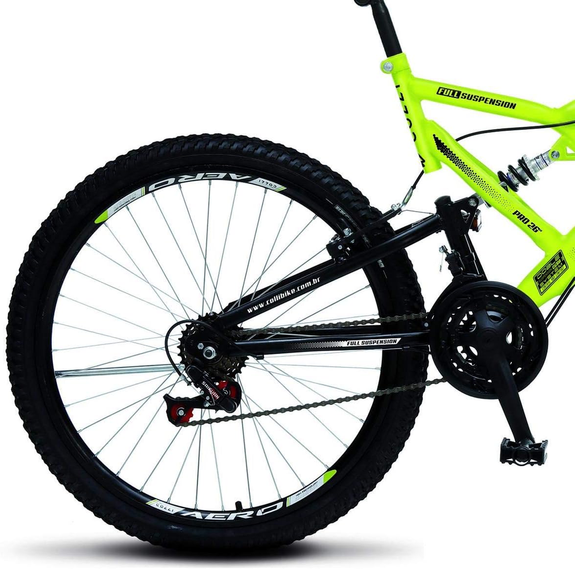 Bicicleta vista de lado com fundo branco.