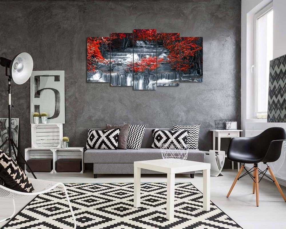 Visual Art Decor 5 Pieces Large Black and Red Canvas Wall Art Waterfall Nature Landscape Picture Print, Living Room Office Decoration Framed Ready to Hang