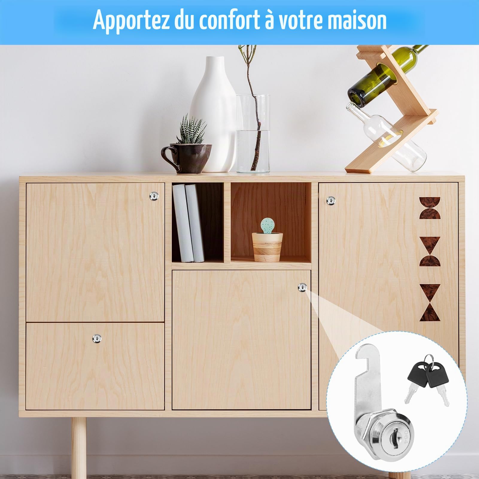 Serrure pour boîte aux lettres, serrure métallique pour armoire de 20 mm, serrure à levier pour meubles, livrée avec 4 clés et 2 plaques de serure différentes, pour armoires à dossiers, armoires