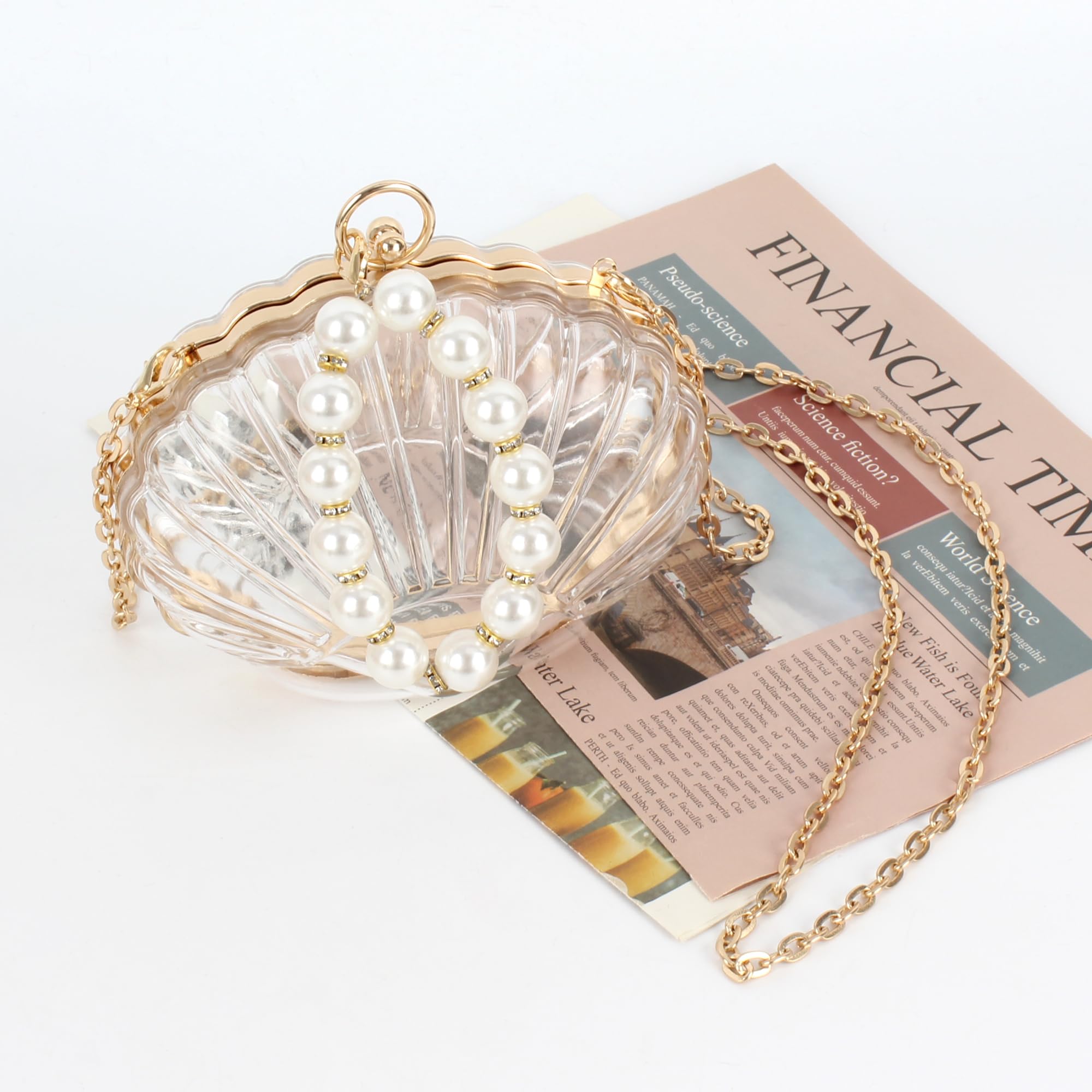 Women Mini Shell Handbag Purse Cute Transparent Acrylic Shoulder Bag Beaded Evening Bag Chain Crossbody Bag