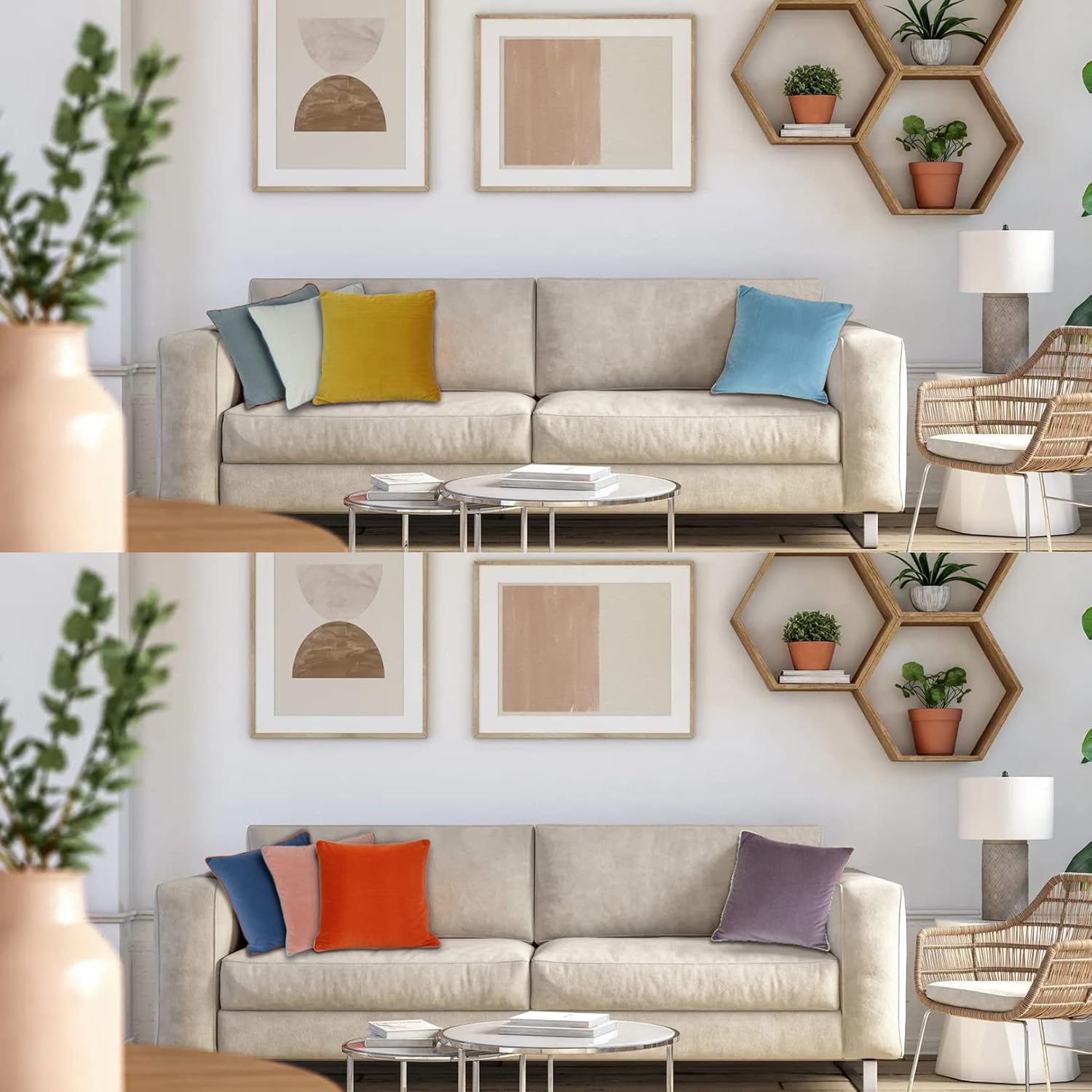 Btyrle Velvet Throw Pillow Covers 16x16 Inch Set of 4 Decorative Velour Pillowcases Double-Colored Cushion Covers for Sofa Couch,Warm-Edge