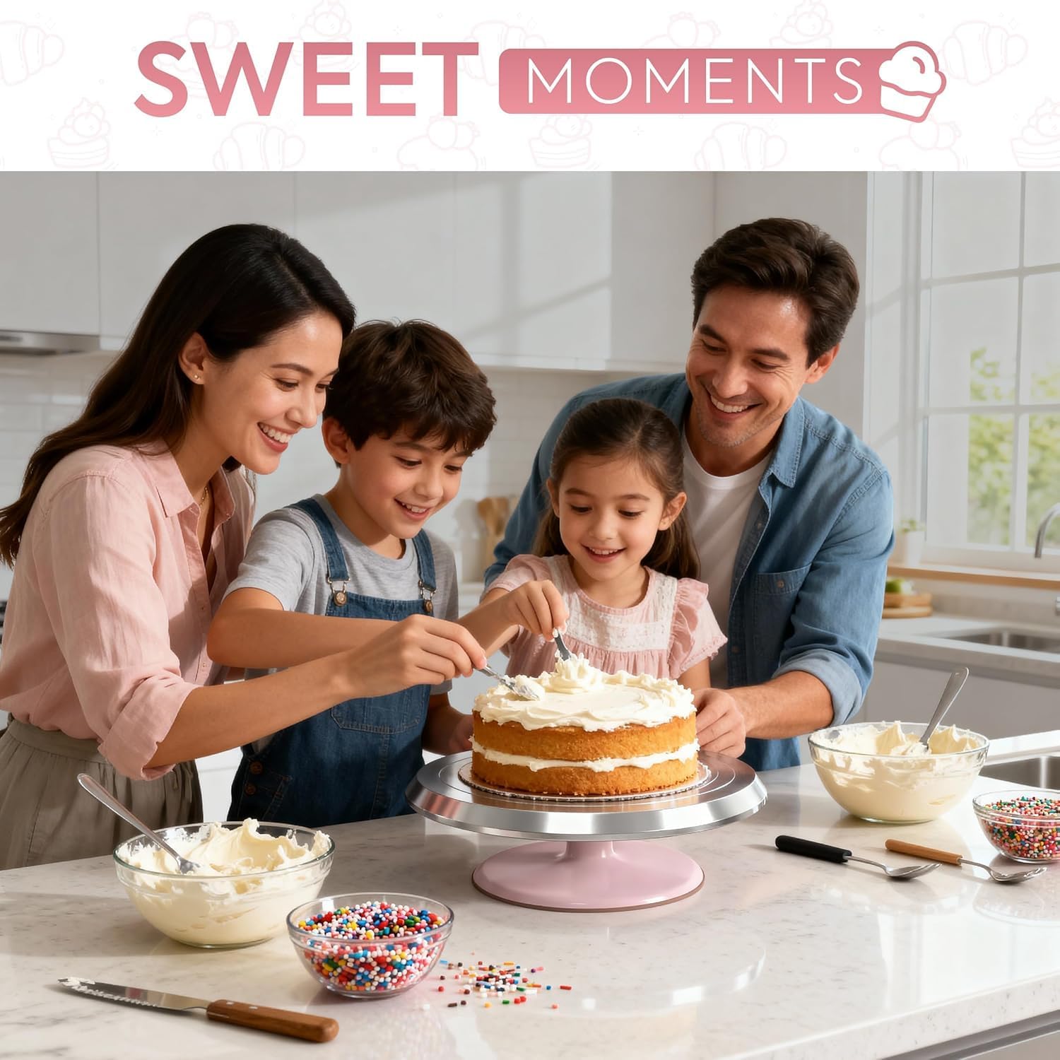 Rotating Cake Stand – 12" Aluminum Alloy Revolving Cake Turntable | Cake Decorating Kit with Offset Spatula, Icing Smoother Scrapers, Silicone Spatula & Cake Server | Cake Decorating Supplies Set