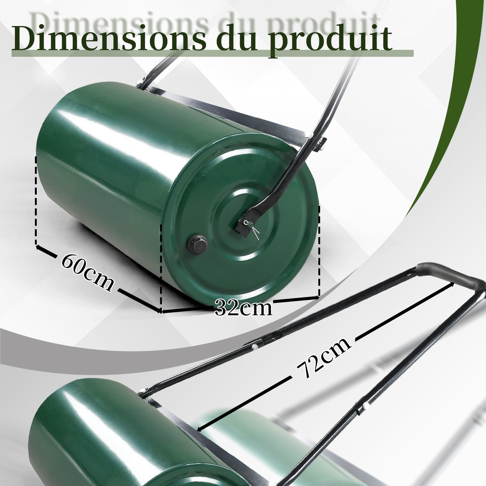 LEADZM Rouleau Gazon 50 L, Surface de Contact 60 cm, diamètre 32 cm – remplissable de Sable ou d'eau, Rouleau aérateur de pelouse, poignée rembourrée, Confortable et Efficace
