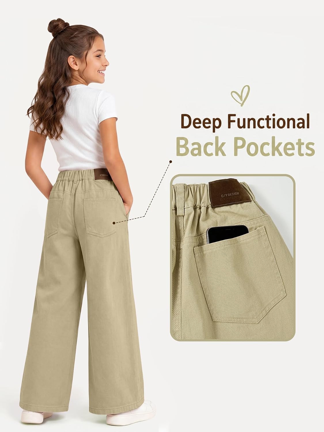 Rolanko Girls Barrel Pants Wide Leg Trousers Cotton Twill High Waisted Y2K Loose Fit Casual Pants for Tween Teen Girls image 5