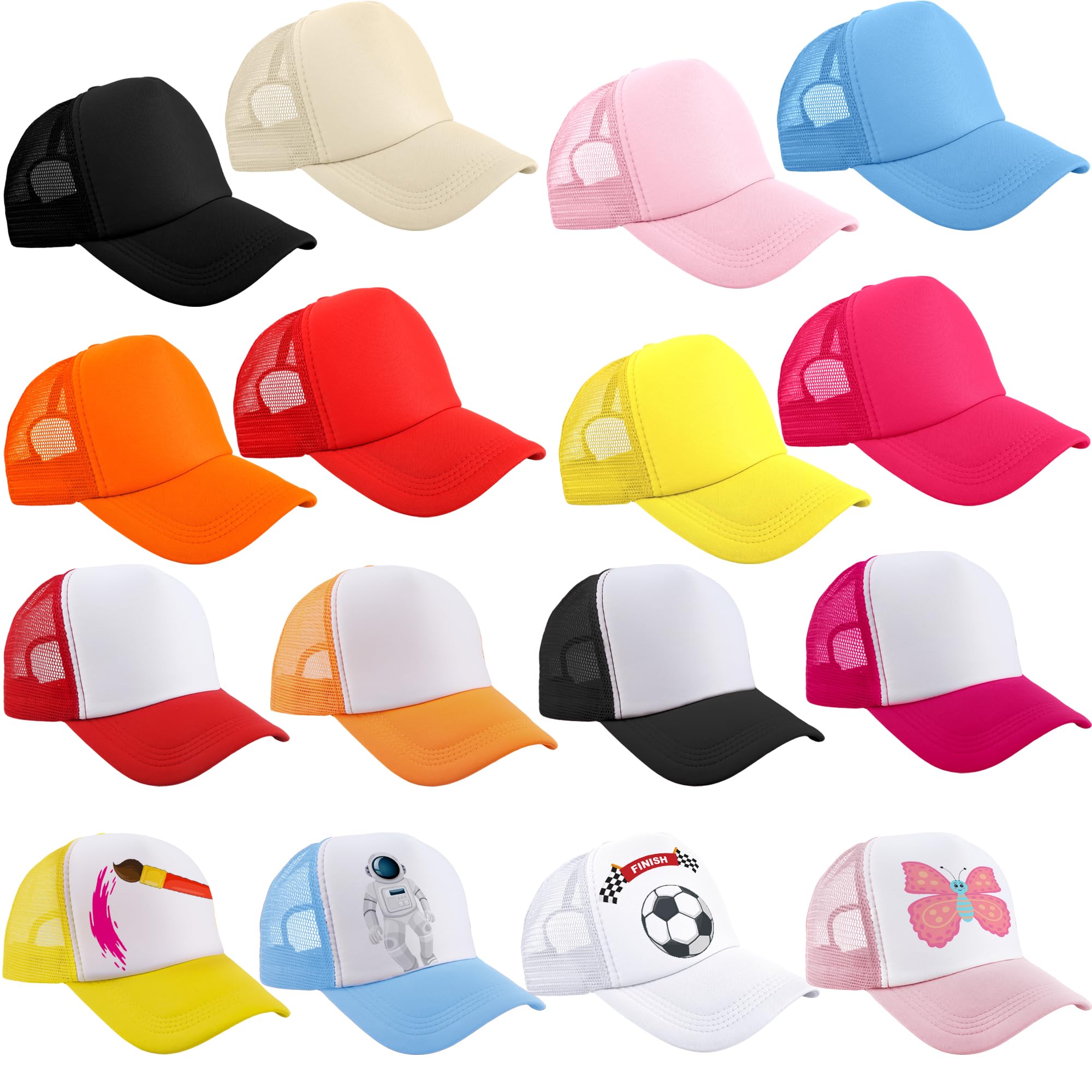 Skyebed 16 Pcs Kids Trucker Hats DIY Sublimation Baseball Caps Adjustable Blank Mesh Hats for Boys Girls Outing