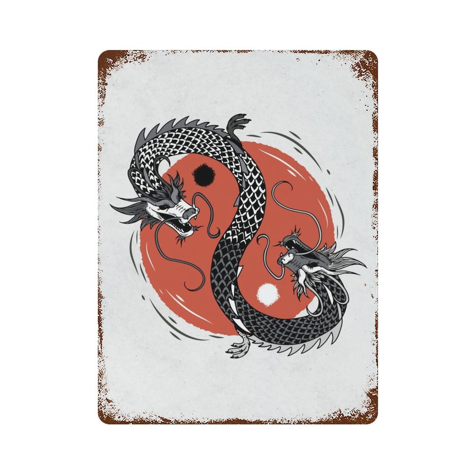 Rust Effect Yin Yang Dragons Distressed Metal Wall Sign 15.7"x11.8", Decorative Metal Wall Art for Living Room, Hallway And Home Decor