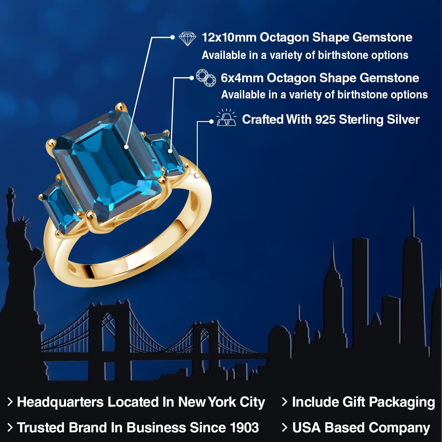 Gem Stone King 18K Yellow Gold Plated Silver London Blue Topaz 3-Stone Ring For Women | 8.82 Cttw | Emerald Cut 12X10MM and 6X4MM | 3 Stone Wedding Engagement Anniversary Ring For Women