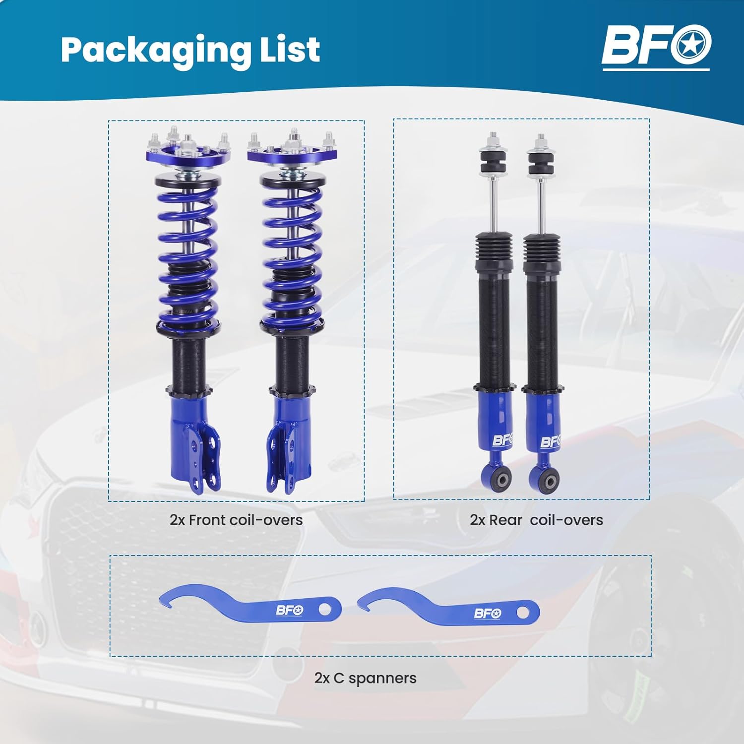 BFO Coilovers for Ford Mustang 1994-2004, Height Adjustable Coilovers Suspension Kit, Preset Damping Shock Absorber Struts, Lowering Kit Blue