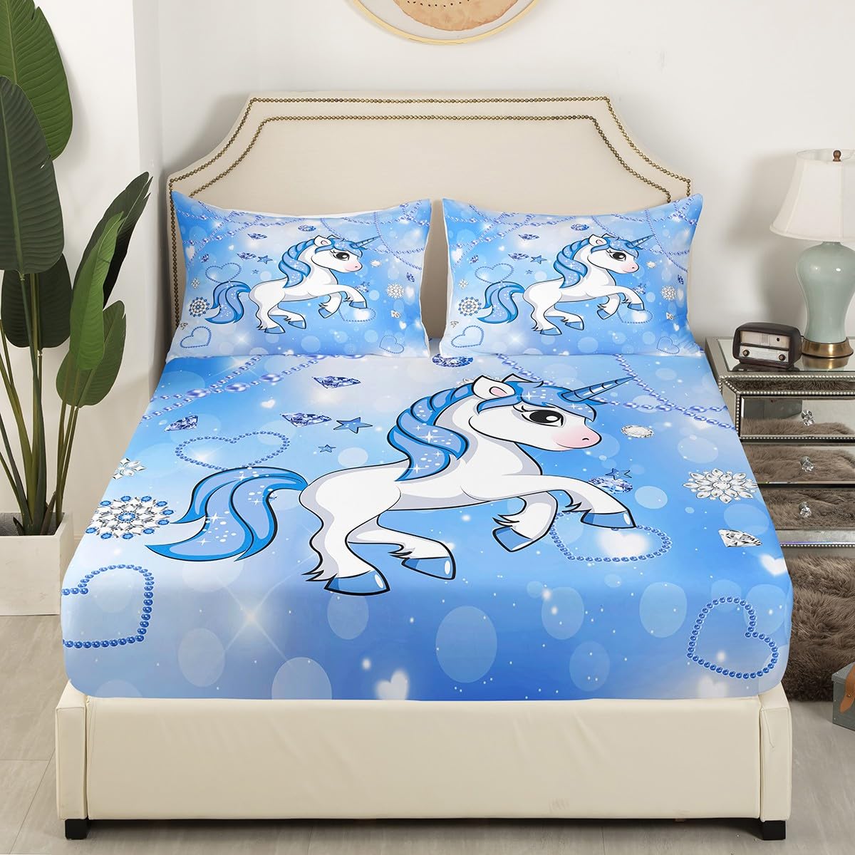 Juego de sábanas de unicornio tamaño King con 2 fundas de almohada con patrón de perlas, juego de sábanas de unicornio para niñas, juego de ropa de cama azul oscuro para niños, niñas y adultos
