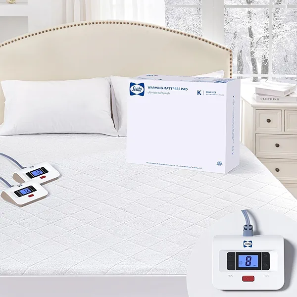 Sealy Heated Mattress Pad King Size with Plush Top, Coral Fleece Electric Bed Warmer with Dual Controller, 10 Heat Settings & Auto Off 1-12 Hours, Fit Up to 17" Deep Pocket, Machine Washable 78"x80"