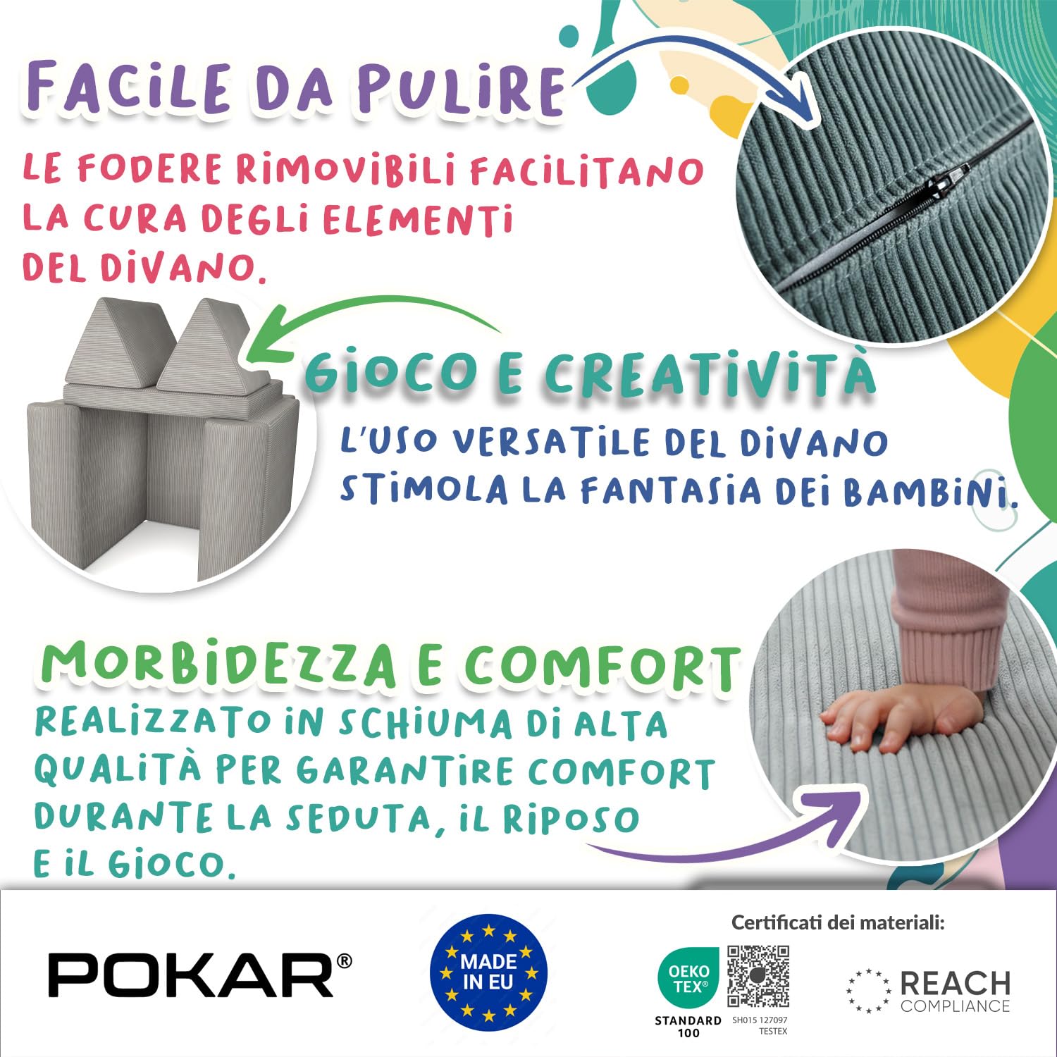 POKAR Divano Modulare per Bambini in Velluto Corduroy | Divano Bambini Trasformabile in Schiuma | Divano da Gioco per Cameretta Bambini | Certificato Oeko-TEX 100 | Laguna Azzurra