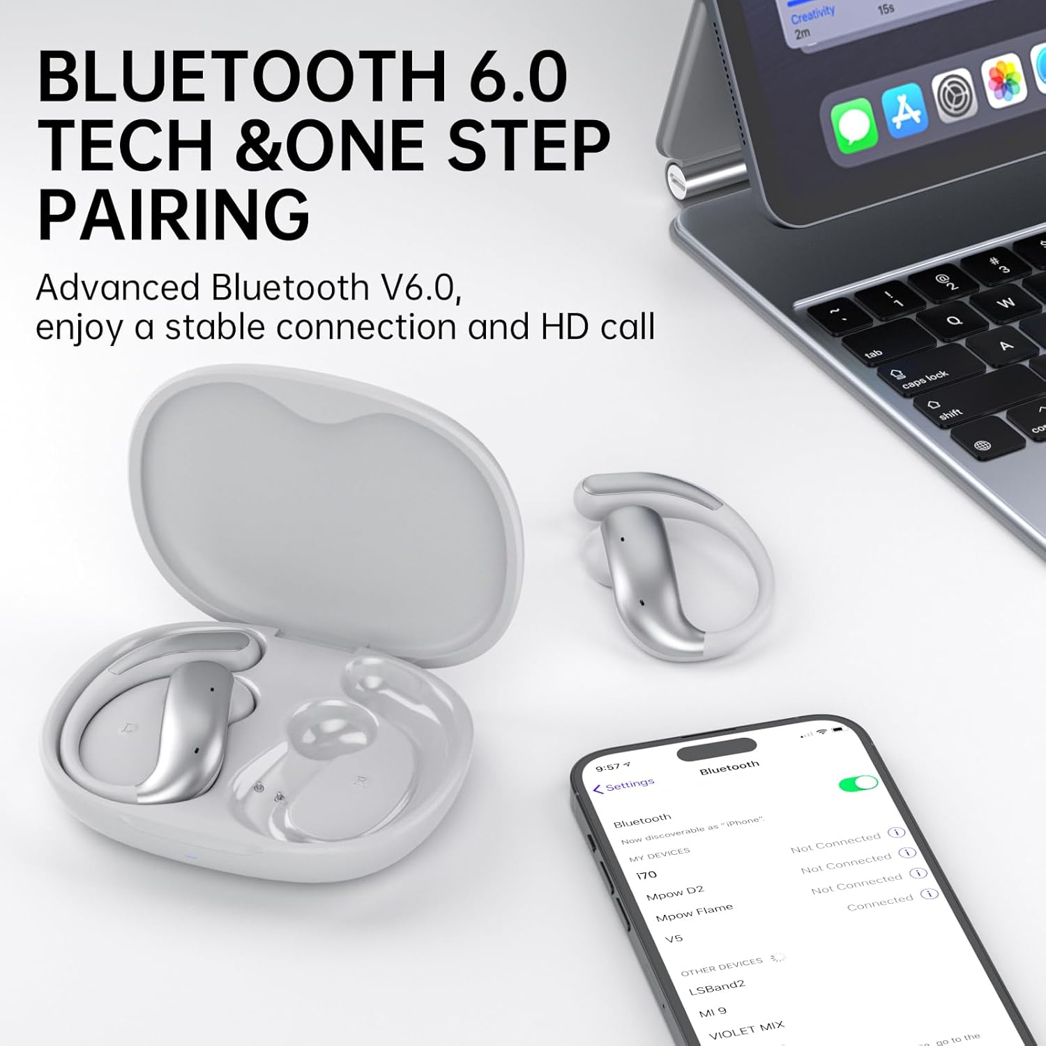 i70 Open-Ear Headphones, Bluetooth 6.0 Wireless Earbuds with Secure Ear Hooks, IPX5 Sweatproof for Gym & Running, Crystal-Clear Calls, Lightweight Comfort for Workouts & Fitness (Gray)