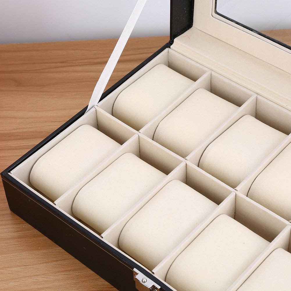 Caja de reloj de 12 ranuras con tapa de vidrio grande y almohadas de reloj extraíbles, organizador de relojes para hombres y mujeres