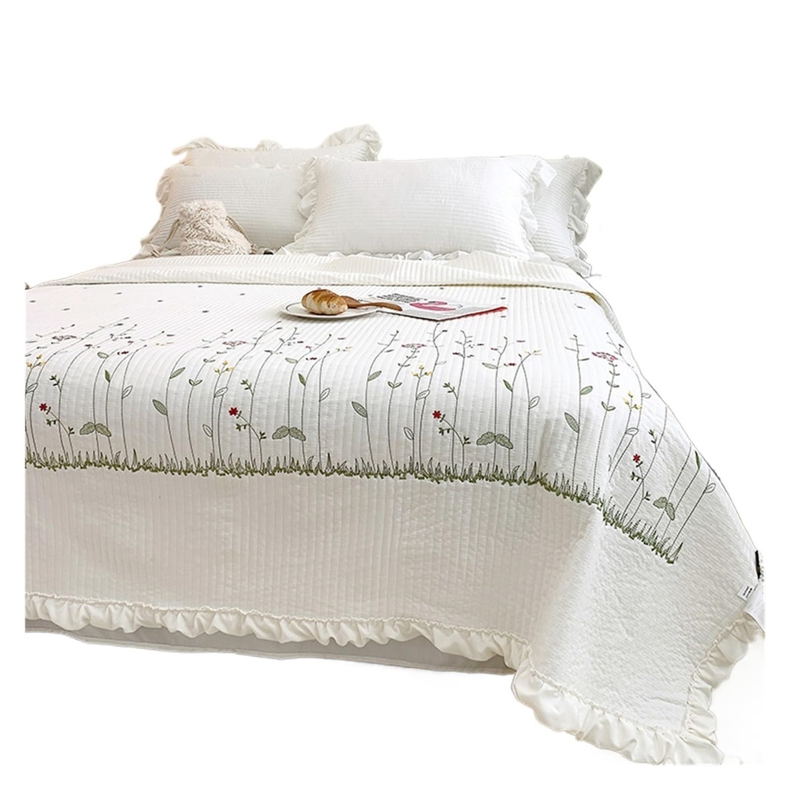 Colcha Cama Edredón de Verano, edredón Acolchado Bordado, Manta algodón Lavado con Volantes, Funda Cama Individual Doble, Ropa Queen King(White,150x200cm 3pcs)