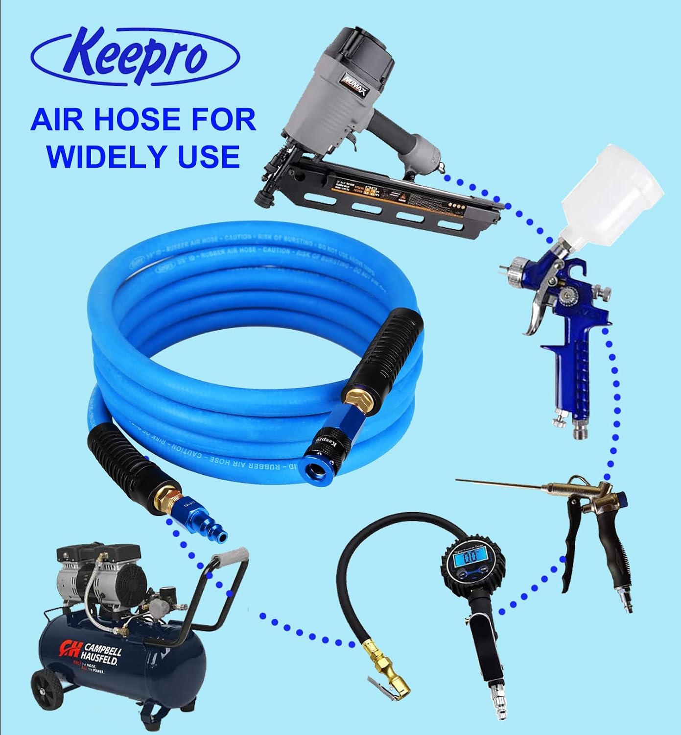 Keepro Rubber Air Hose, Durable Air Compressor Hose 3/8 Inch ID By 10 Feet Long with Swivel Universal Aluminium Quick Coupler and Plug, 300 PSI Maximum Pressure, Blue