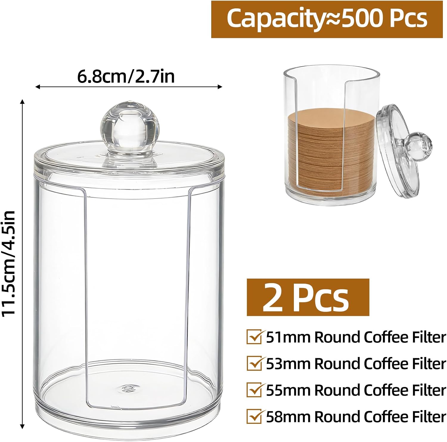 2 Pack Espresso Paper Filter Holder with Lid, Coffee Filter Storage Container for 50mm-60mm Round Round Disposable Paper Filters, Clear