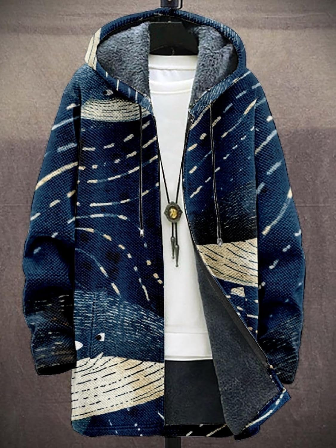 2025 Men's Ethnic Pattern Hooded Jacket Long Cardigan Hoodies Full Zip Vintage Knitted Zipper Coat with Pocket - Image 3