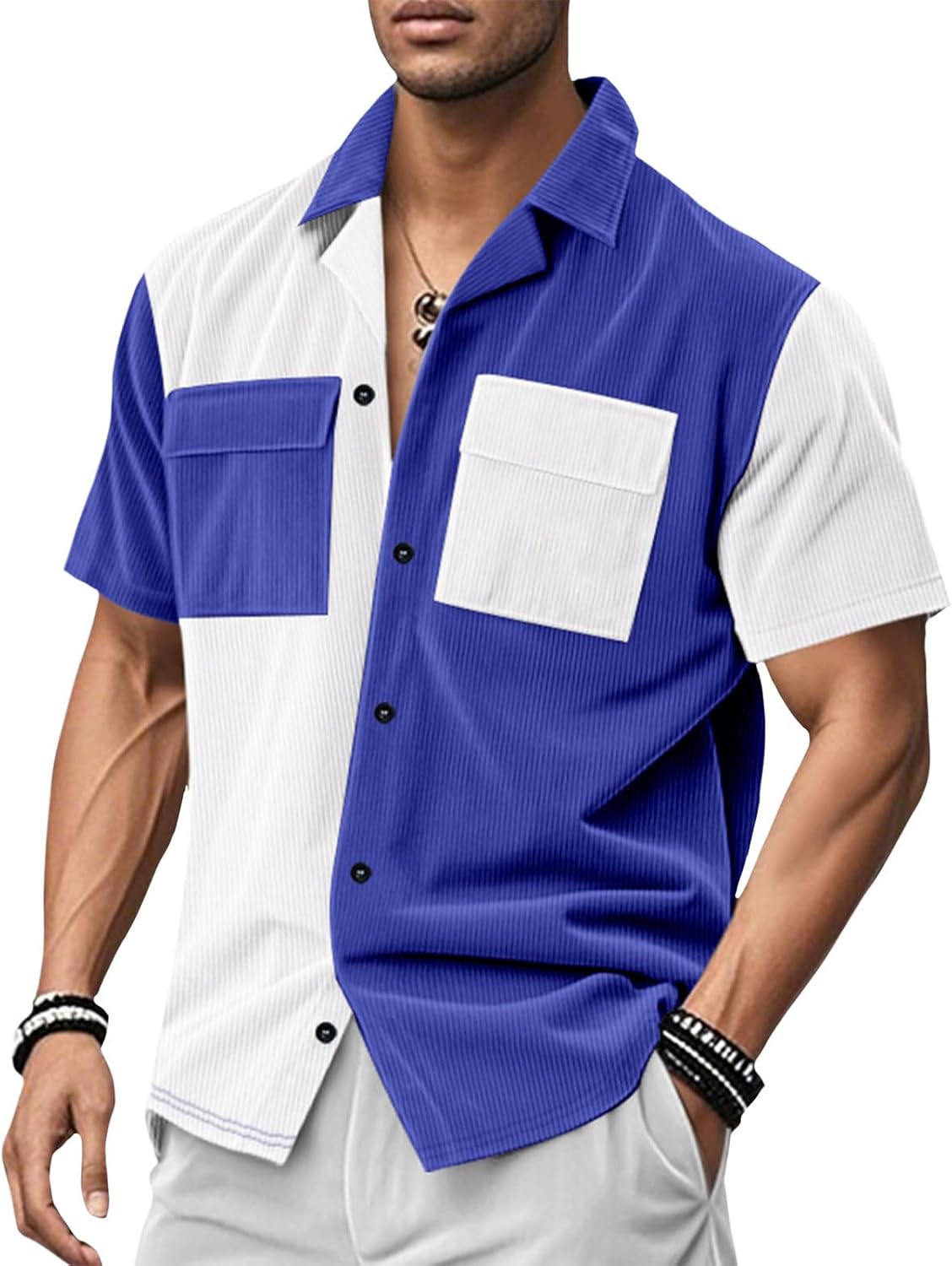 Men's Corduroy Button Down Shirt Fashion Patchwork Short Sleeve Loose Casual Collared Shirts with Pockets