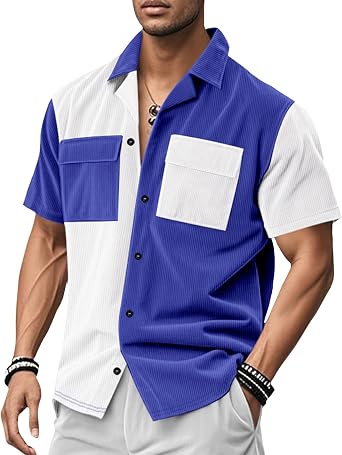Mens Corduroy Button Down Shirt Fashion Patchwork Short Sleeve Loose Casual Collared Shirts with Pockets