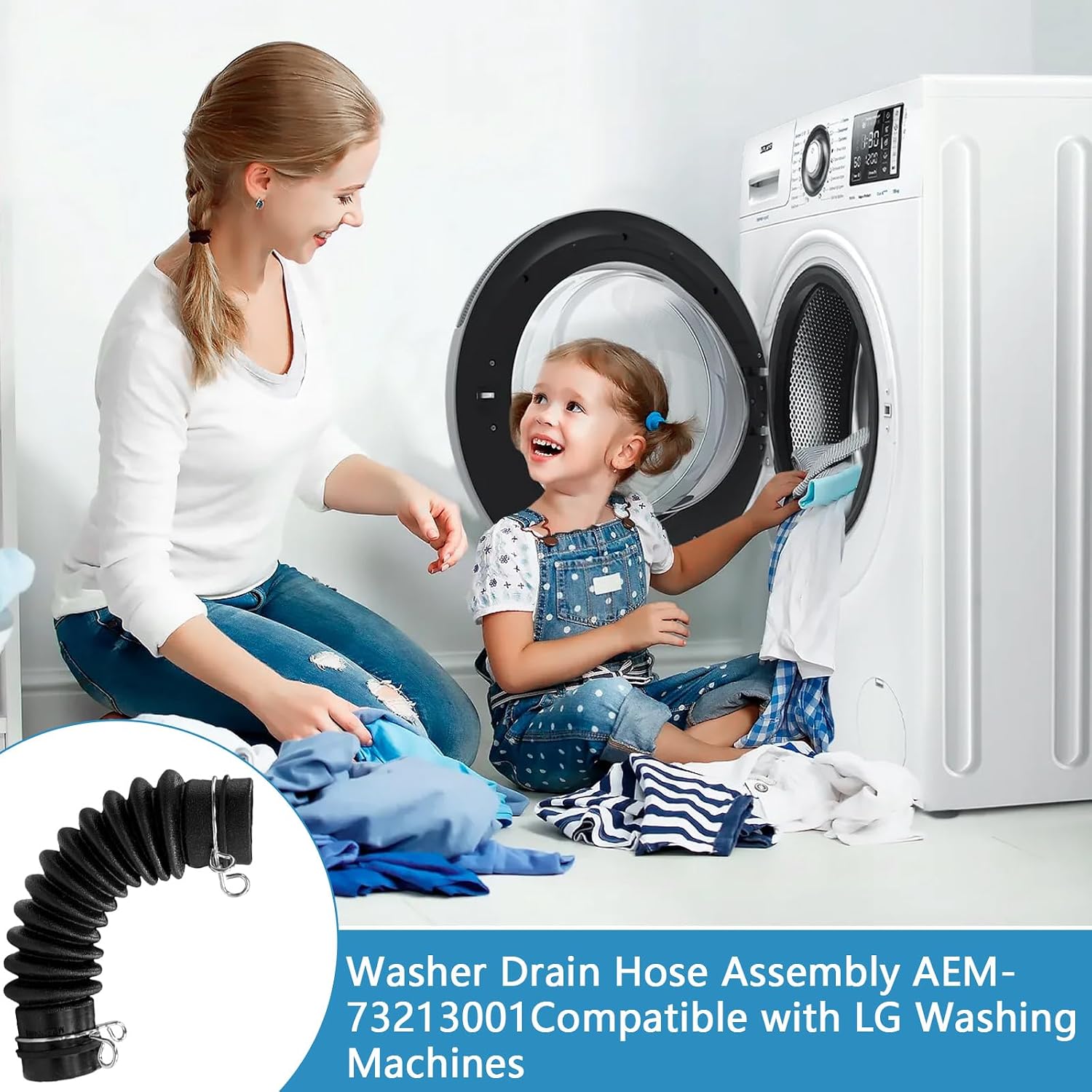 Superbobi AEM73213001 Washer Drain Hose Assembly Compatible with LG Washing Machines - Thicker Tub-to-Pump Connector with Stainless Steel Hose Clamps, Replaces 2134394