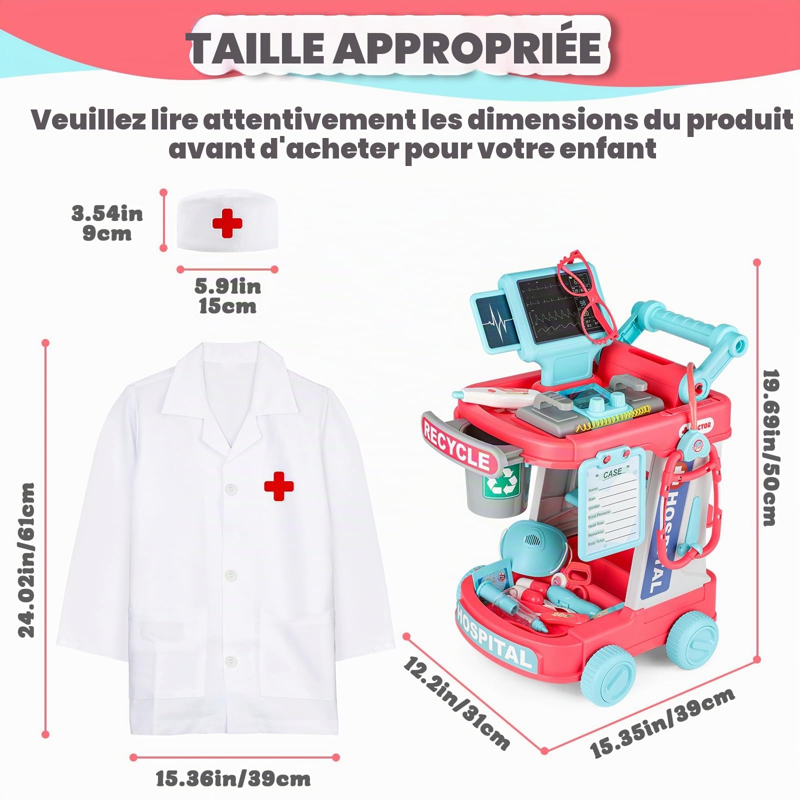 deAO Chariot Medical Enfant avec Costume avec Lumière, Sons, Stéthoscope