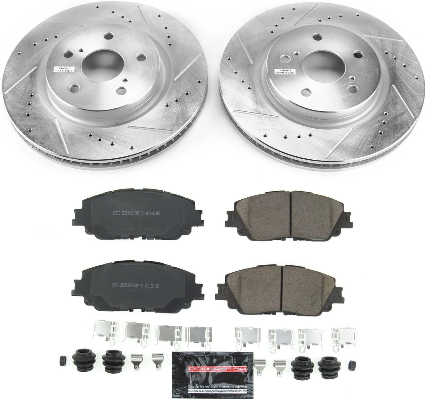 PowerStop Front Brake Kit For Lexus ES250 2021-24 |ES300h 2019-24 |ES350 2019-24 |UX200 2019-22 |UX250h 2019-24 - Drilled and Slotted Disc Rotors with Ceramic Brake Pads Replacement, K7895